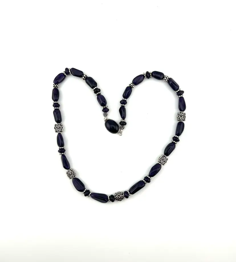 Dark Purple Amethyst and Silver Beaded Necklace Made By Me 20β Long
