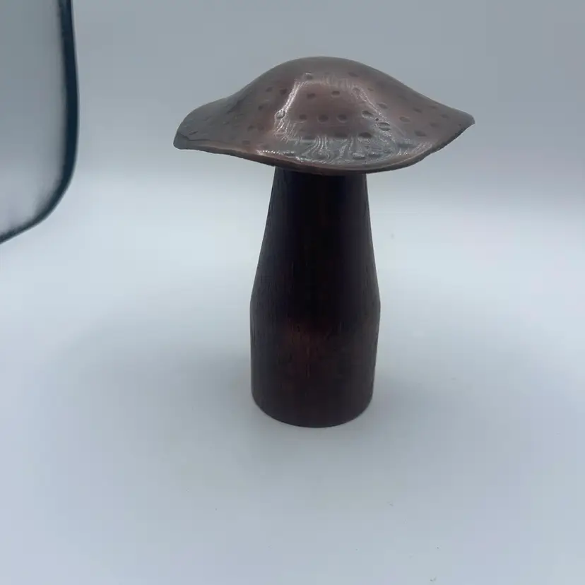 Mushroom with Wood Base and Copper Colored Metal Top 6”