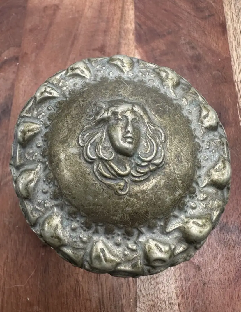 Vintage Art Nouveau Heavy Glass Ornate Vanity Mermaid Floral Brass Lid