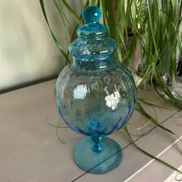Vintage Empoli Art Glass Apothecary Jar w/lid Pedestal Aqua Blue Optic