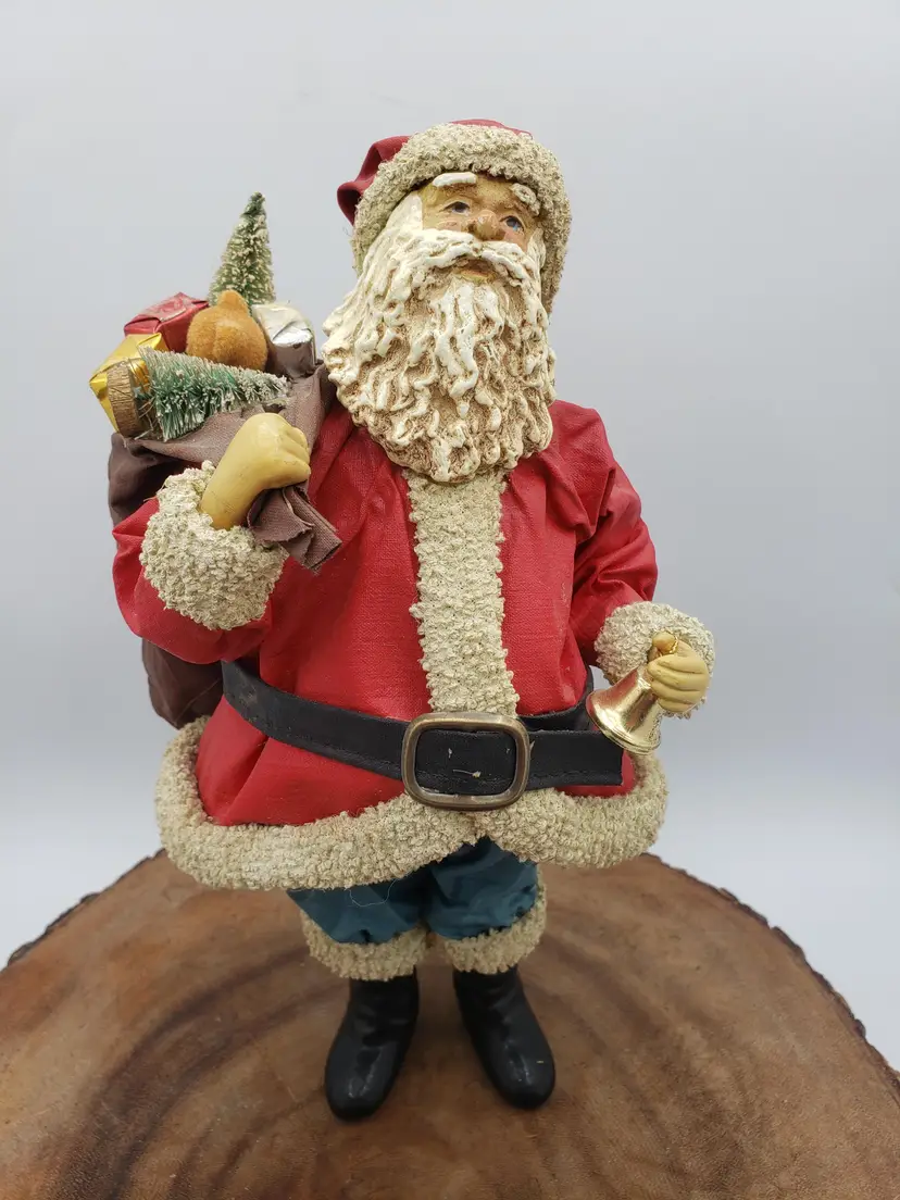 Vintage Kurt S. Adler Old World Santa 10” Fabriche Toy Sack & Bell, Blue Jeans. Made in Taiwan ROC. Stands about 10" tall.