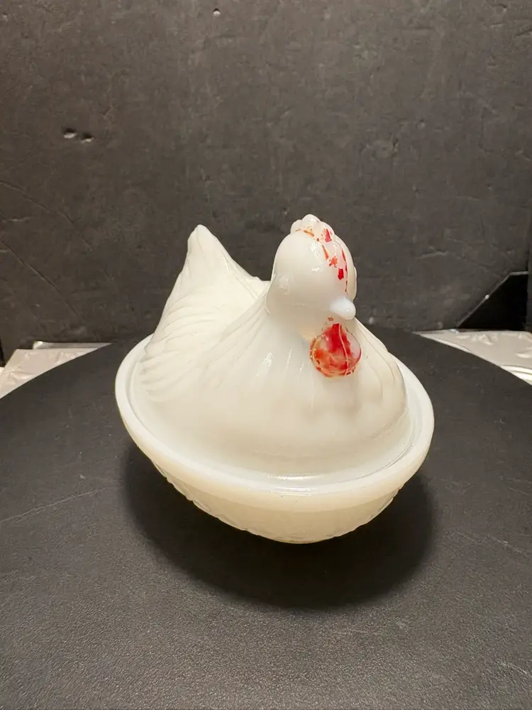 Vintage Hazel Atlas White Opalescent Milk Glass Hen on Basket Covered Dish, Painted 5”