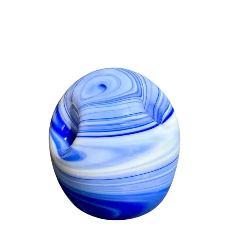 Gibson 1988 Paperweight, Pen, Pencil Holder, Cobalt Blue And White Swirl.
3” T x 2-1/2” W