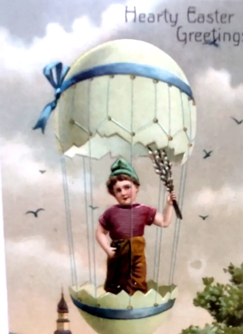 Easter Postcard Fantasy Hot Air Balloon Airship Cracked Egg Child Germany PFB