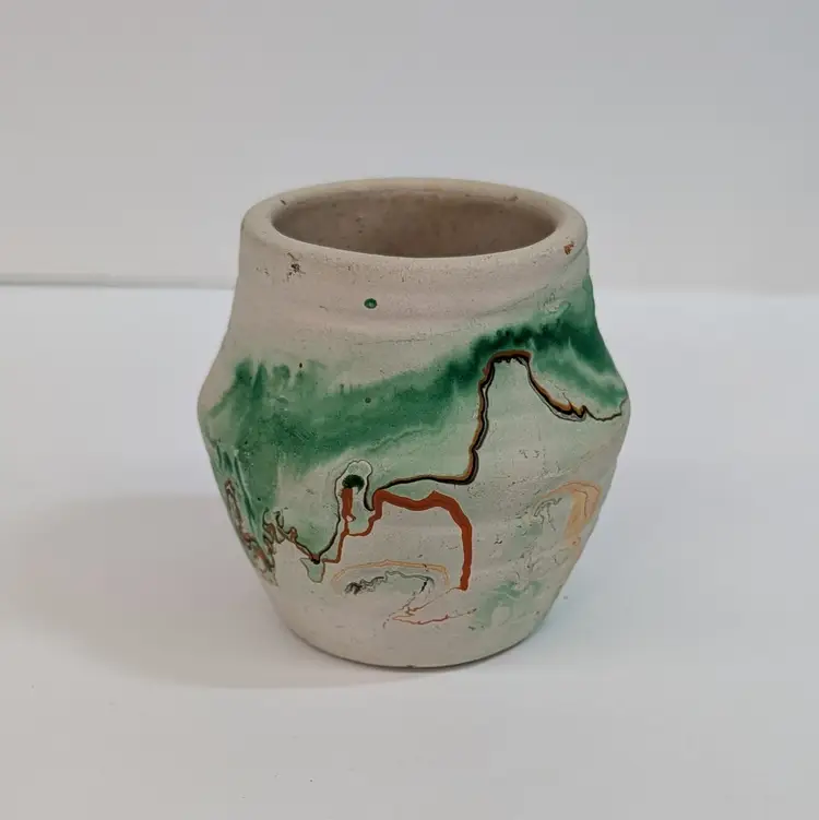 Vintage Small Nemadji Pottery Vase USA Multi-Color Green Orange Brown Swirl 2.5"