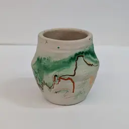 Vintage Small Nemadji Pottery Vase USA Multi-Color Green Orange Brown Swirl 2.5"