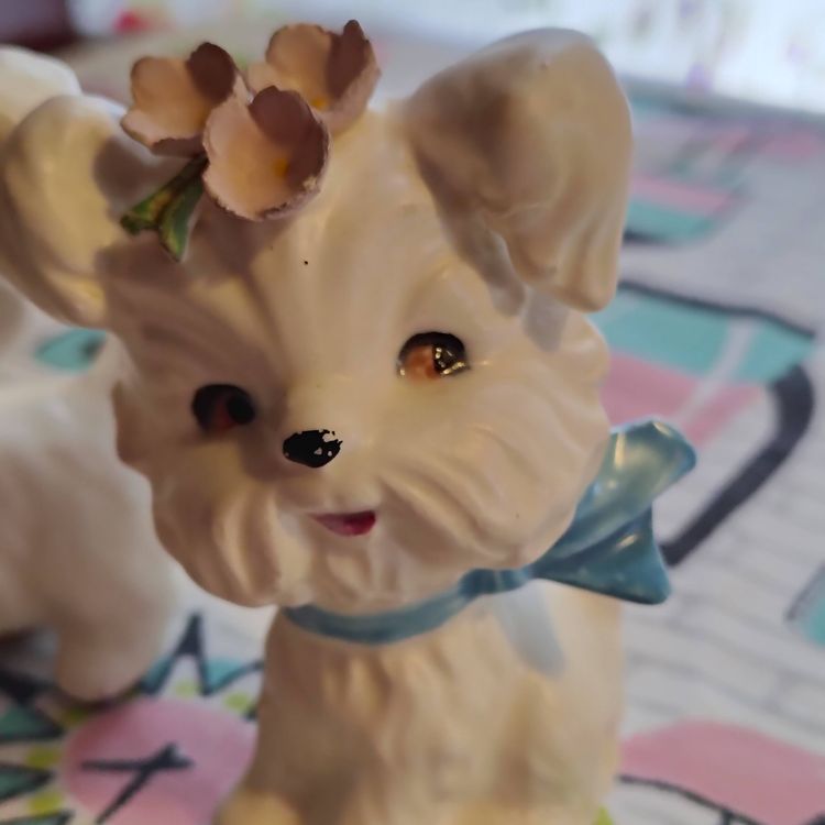 Vintage Westie Puppy Salt and Pepper Shakers | Adorable White Terrier Puppies with Applied Flowers | 1960s Lefton Made in Japan