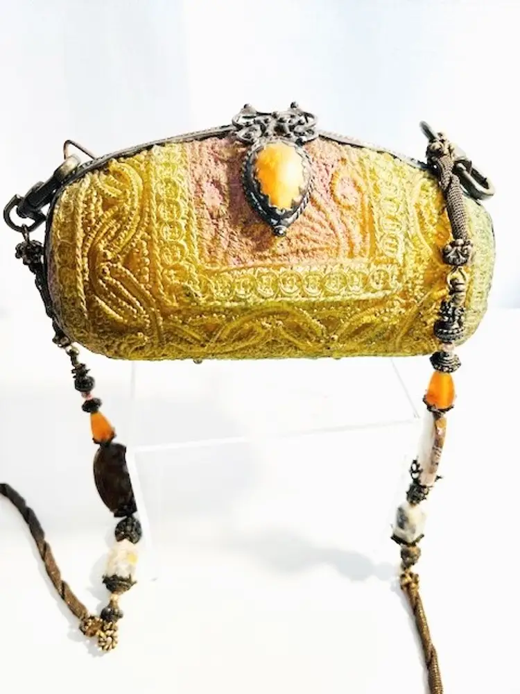 Vintage Maya Evangelista Yellow Gold Resin Handbag Purse Beaded Strap Shoulder Bag Clutch | Vintage Retro 1980's Maya Evangelista Purse