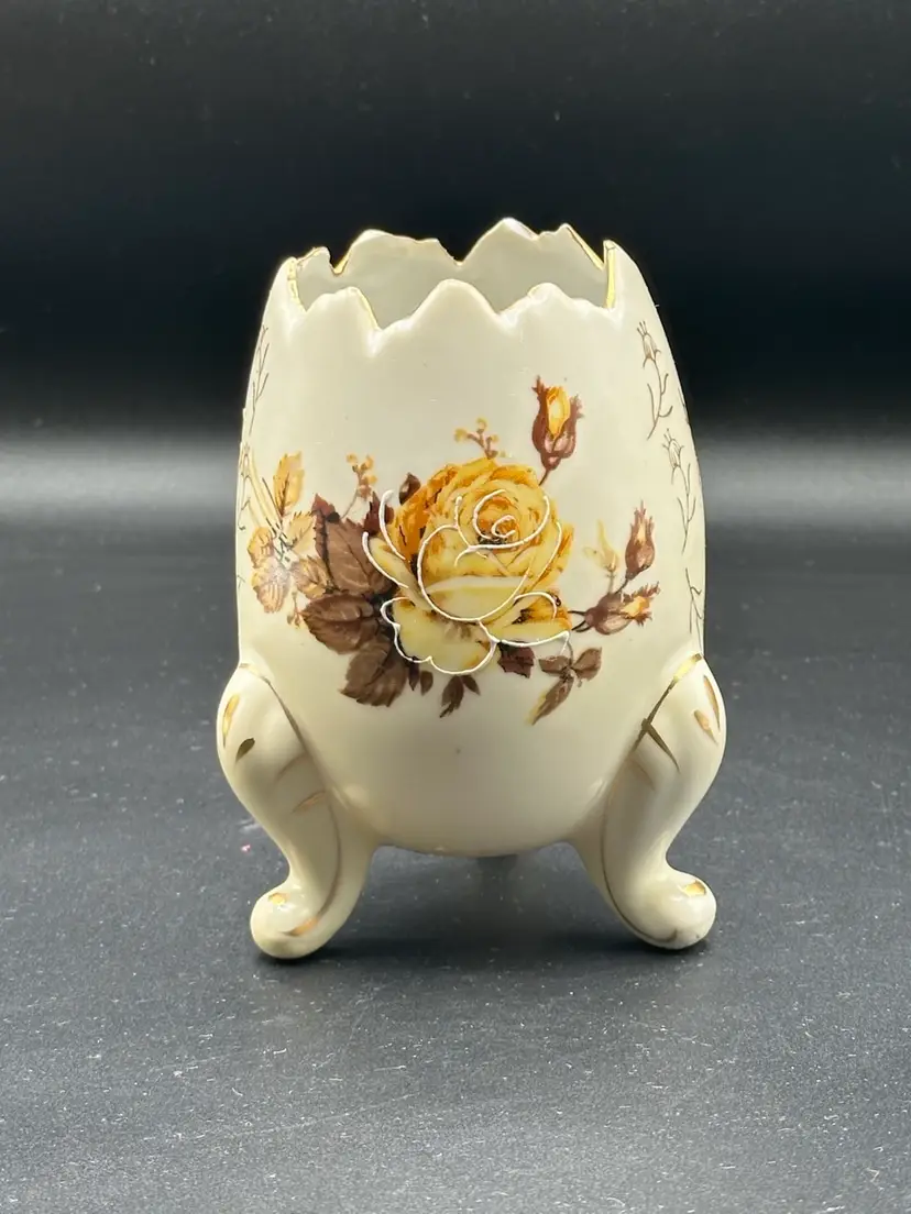 Vintage Napco Ceramic Egg Vase, Gold Roses, Footed Planter
