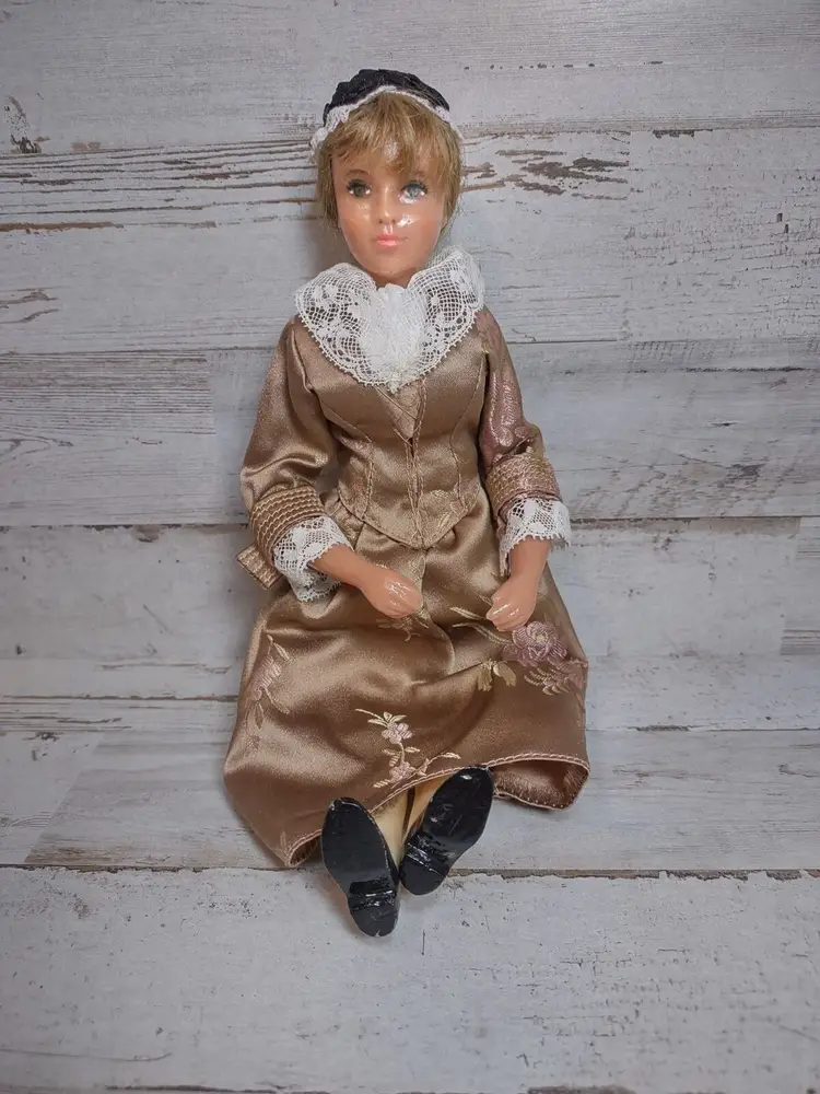 Vintage Glossy Plastic Victorian Style Woman Doll w/ Brown Satin Lace Dress