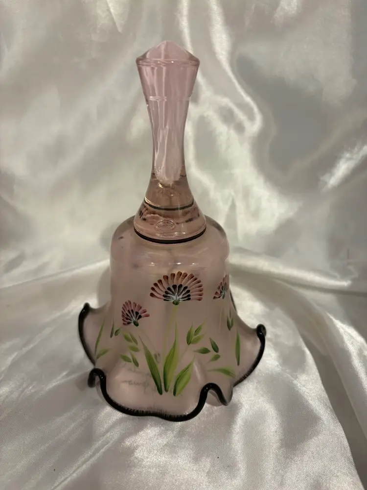 Fenton Pink Ruffled Hand Painted Signed Bell Black Edge
