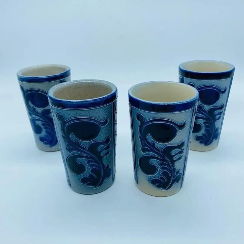 #2207 Western Germany set of 4 pottery beakers in salt glaze with cobalt blue highlights