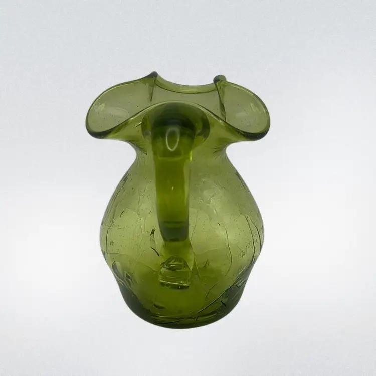 #01 Vintage Hand Blown Crackle Glass Pitcher By Blenko, 5-1/2” Tall x 4.5” Wide