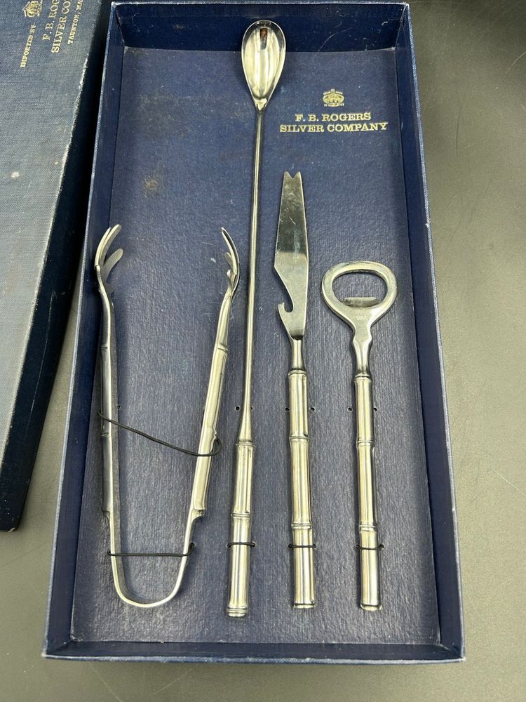 Vintage 4 Piece F. B. Rogers silver plated, bamboo style handle bar tool set