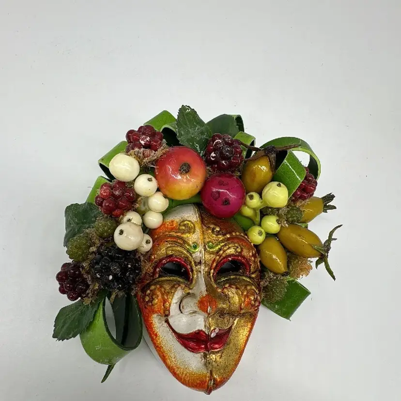 Mask Signed Demetra Joker Venue Autumn Festival Hand Made w Fruit and Plant Top 6”H
