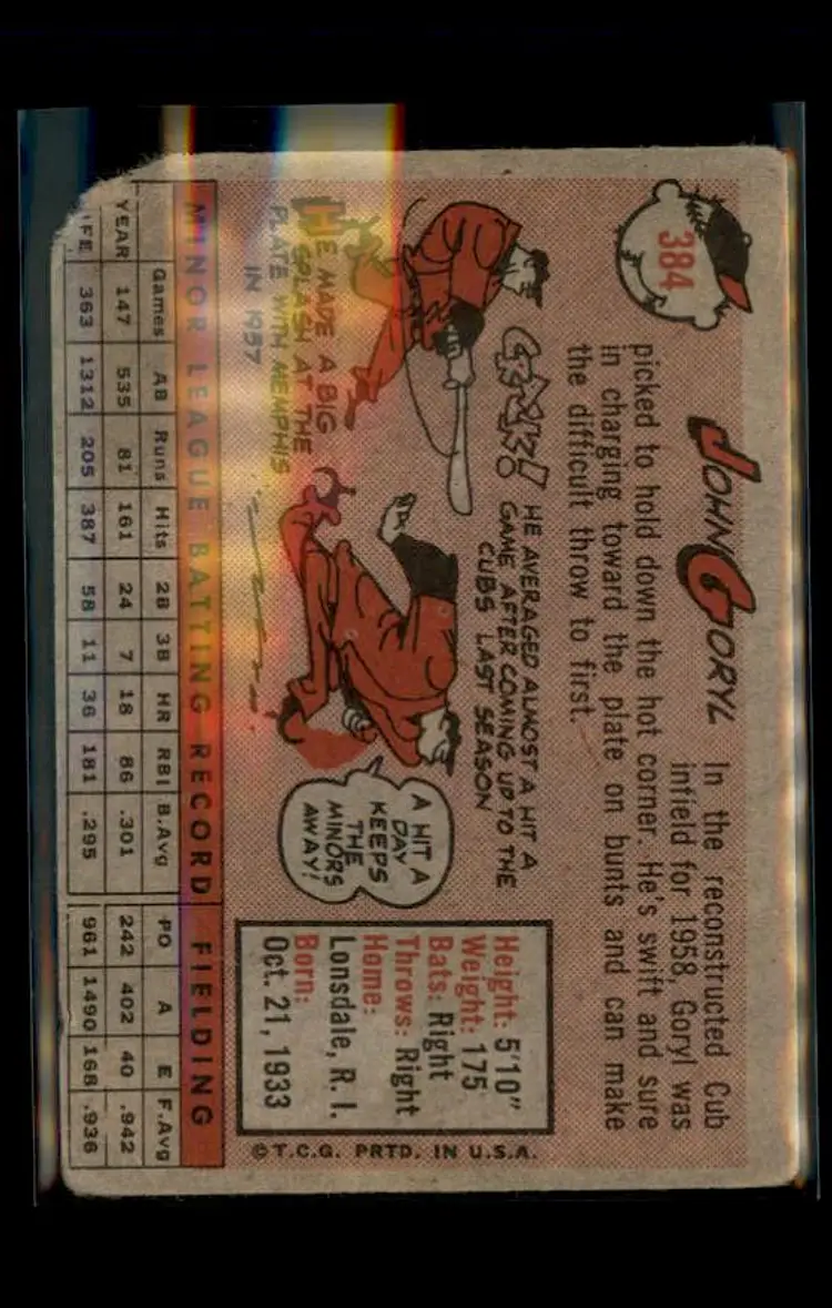 1958 Topps #384 John Goryl - (pk4) - Chicago Cubs