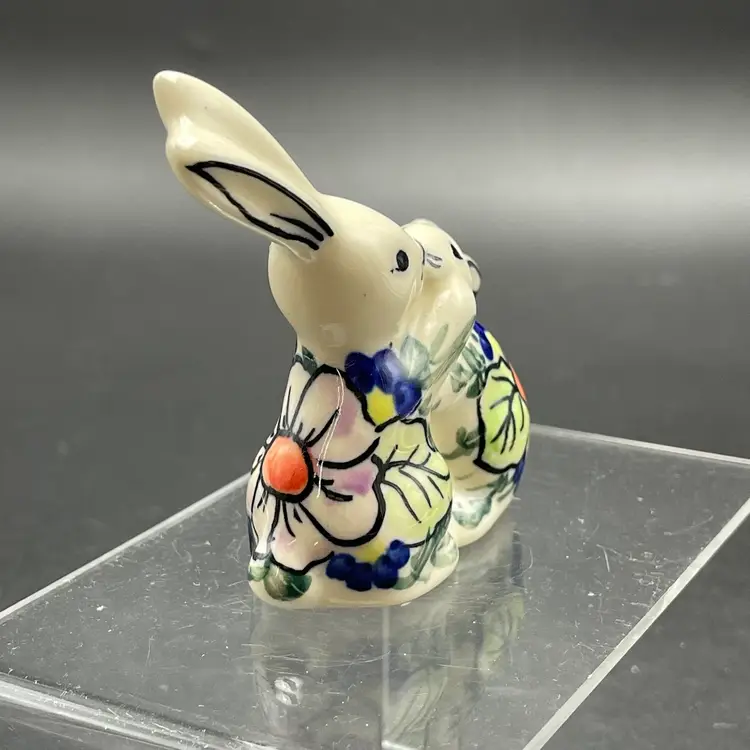 Unikat Polish Pottery Kissing Rabbits Bunnies Miniature Figurine Spring Easter