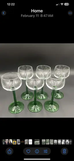6 Vintage Luminary France Green Stem Wine/Cordial/Port Glasses 6.25“ tall 4 ounces