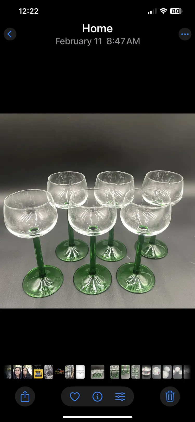 6 Vintage Luminary France Green Stem Wine/Cordial/Port Glasses 6.25“ tall 4 ounces