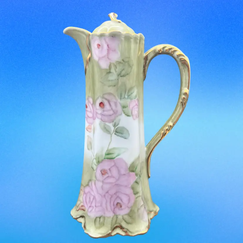 #139B Vintage/Antique Hand Painted And Signed Porcelain Chocolate Pot With Lid. Pale Green With Pink Flowers And Gold Accents
