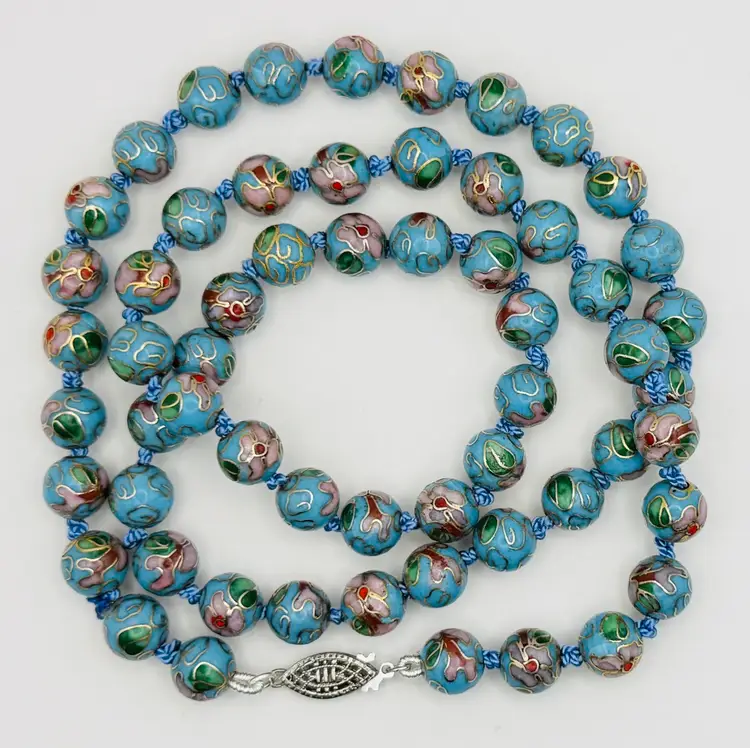 Hand knotted Cloisonné VTG Necklace 23” Turquoise & Pink 925 Clasp