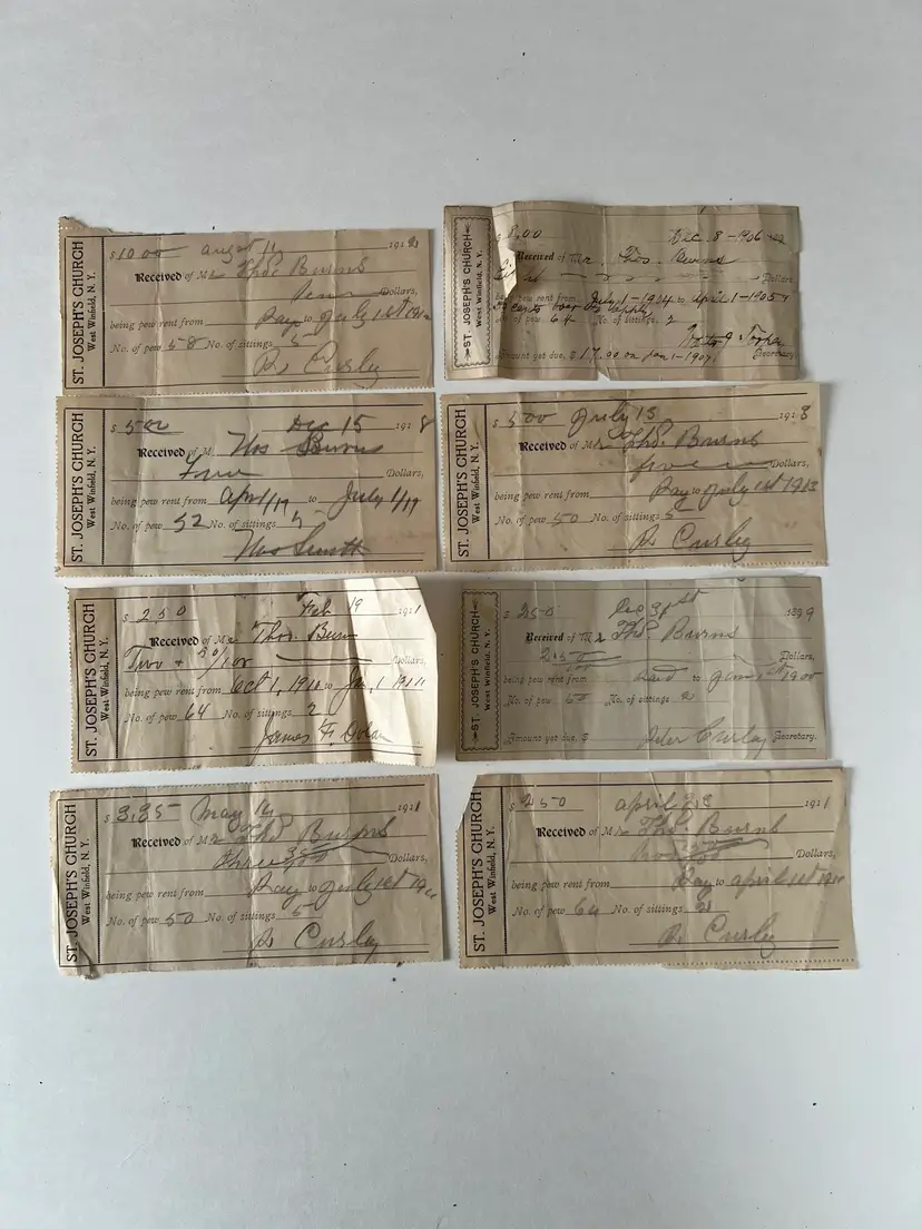 Early 1900s Antique Receipts. Payment Received Ephemera St. Josephs Church Winfield Pew Rent Receipts