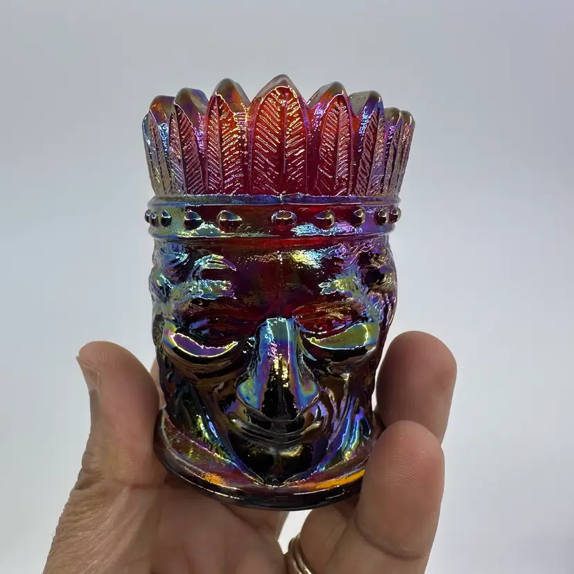 Vintage Joe St Clair Glass Tooth Pick Holder Indian Head Carnival Glass