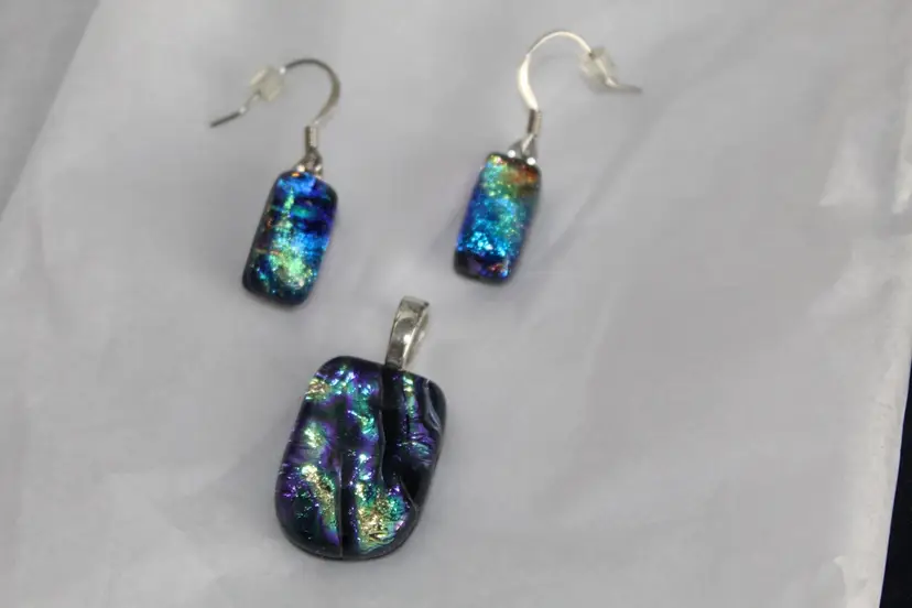Handcrafted Fused Glass Multicolor Dichroic Glass Pendant and Earring Set
