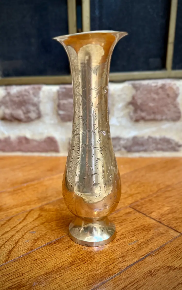 Vintage Etched Brass Vase – Handcrafted Floral Design