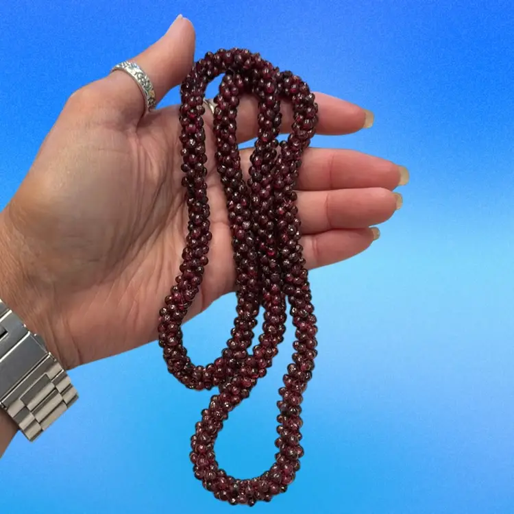 Vintage Natural Red Garnet Woven Rope Bead Necklace 25”