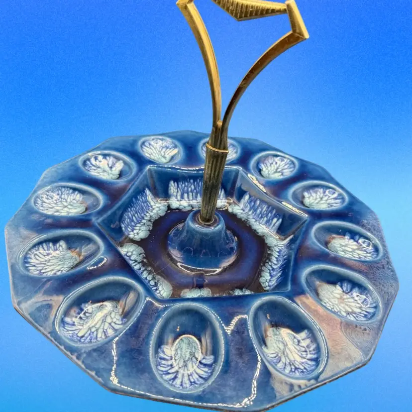 MCM Treasure Craft  Pottery Deviled Egg Dish Blue 10”x 1.75” 8”