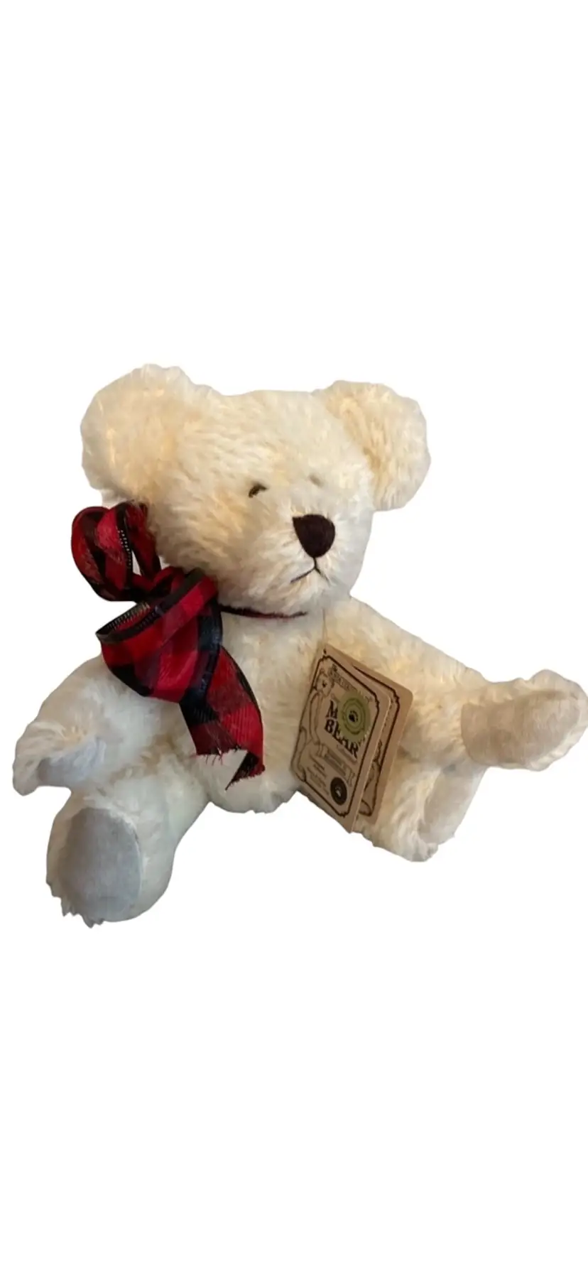 Boyd’s Mohair Bear Jointed Suede Trim Plaid Bow White 10”