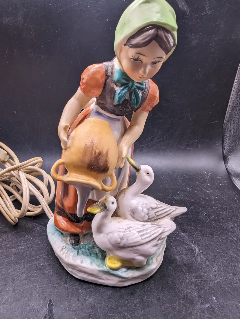 Vintage Irice Night Light Goose Girl Figurine Repaired Bow