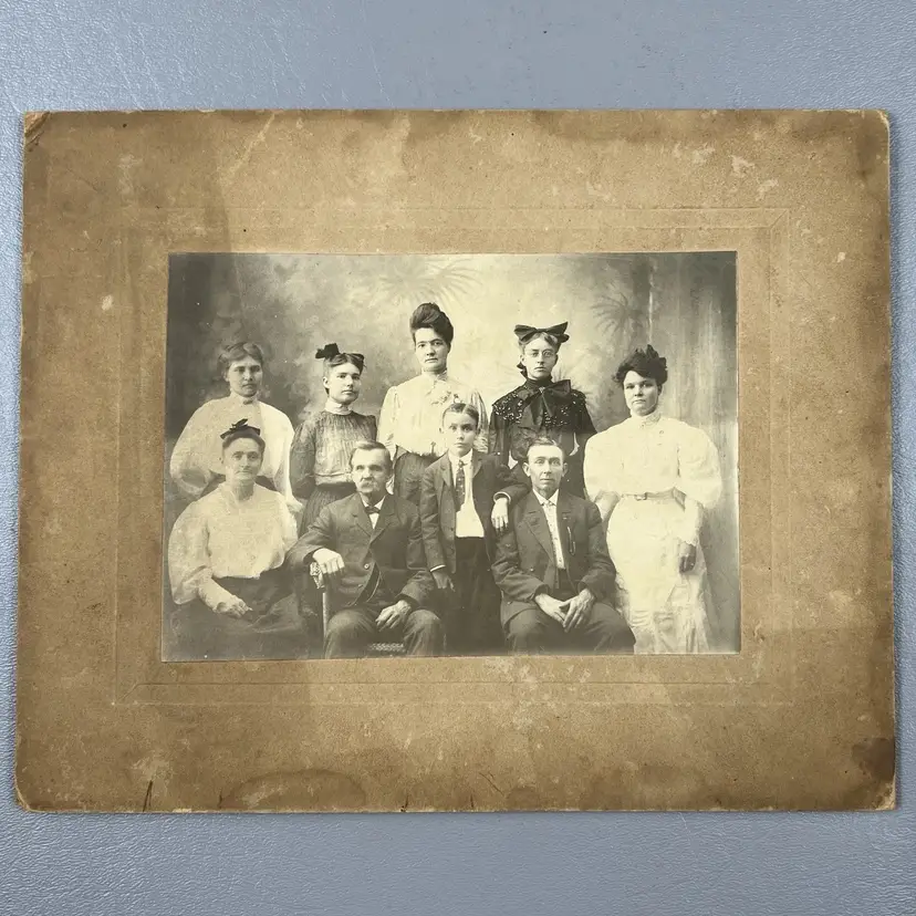 Antique Cabinet Card Portrait Photo Large Family Women Men Suits Dress Bows Child 8x10"