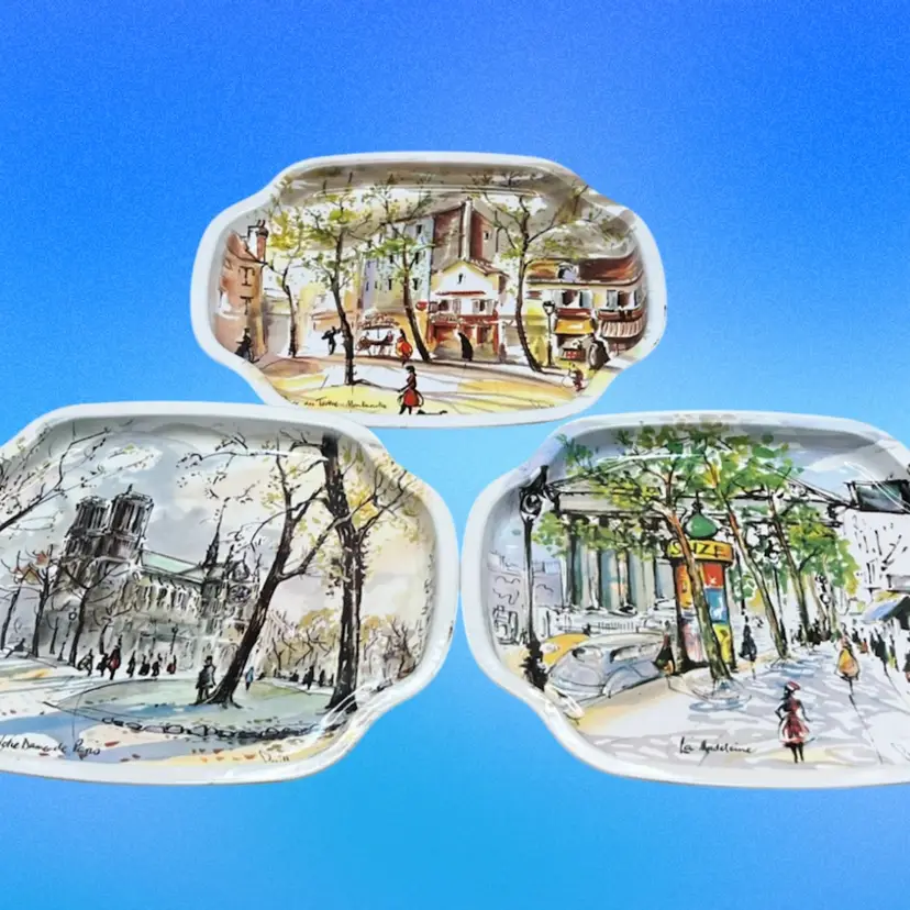 Set Of 3 Vintage Metal Trays Paris France Scenes Made In England 7.5”