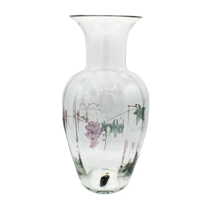 Vintage Large Glass Vase Etched Grape Design Hand Painted Accents by Wine Things