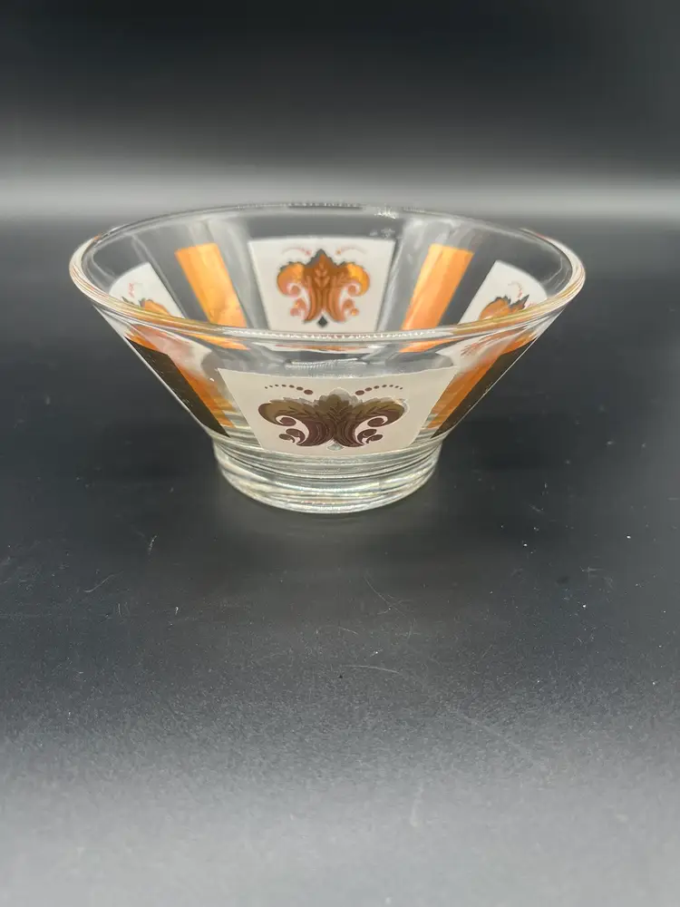 Vintage MCM 5" Glass Dish with Gold Ornate Design - Mid Century Accent Bowl