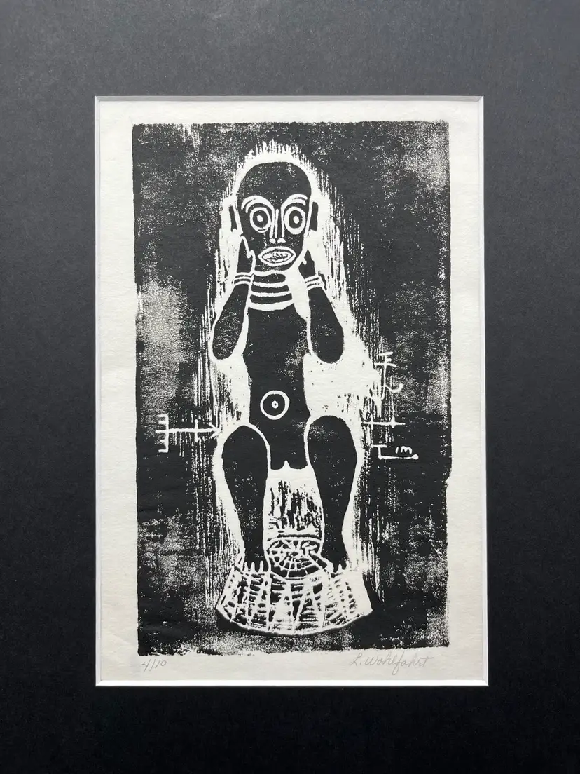 “Pre-Columbian” Wood Cut Oil Print By Lynda S Wohlfahrt. Signed & Numbered 4 Of 10