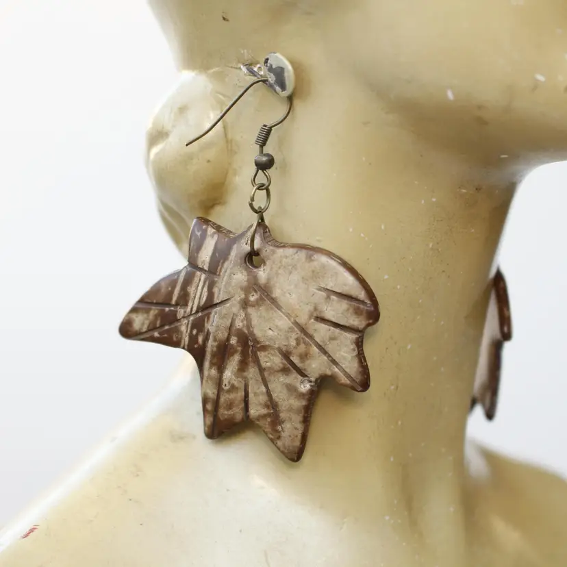 Carved Wood (?) Brown Leaf Leaves Drop Dangle Earrings 2.25" drop