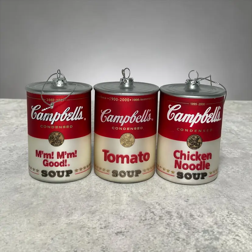 Lot Of 3 Campbells Soup Cans Glass Christmas Ornaments Early 2000’s