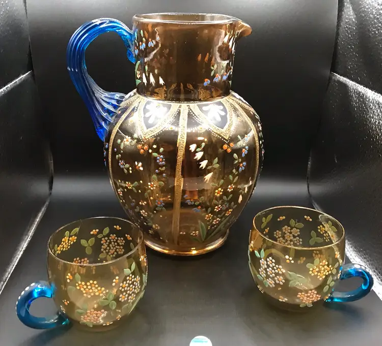 8 Amber Bohemian Harrach Enameled Glass Pitcher Applied Handle Gold Trim READ