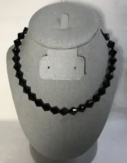 Necklace, vintage black glass bicone beads, chain, shepherds hook, 17"