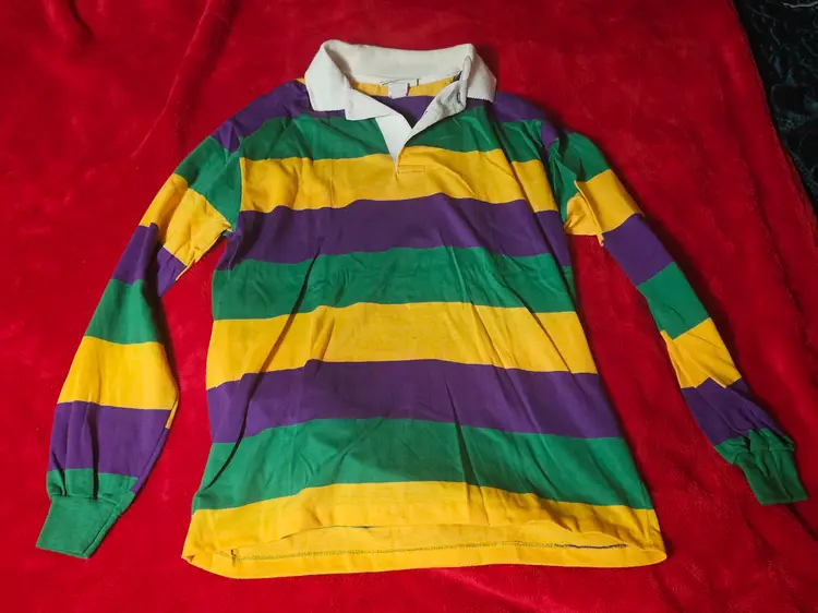 Vintage Mardi Gras Polo Shirt Striped Colorful New Orleans Long Sleeve Men Med.