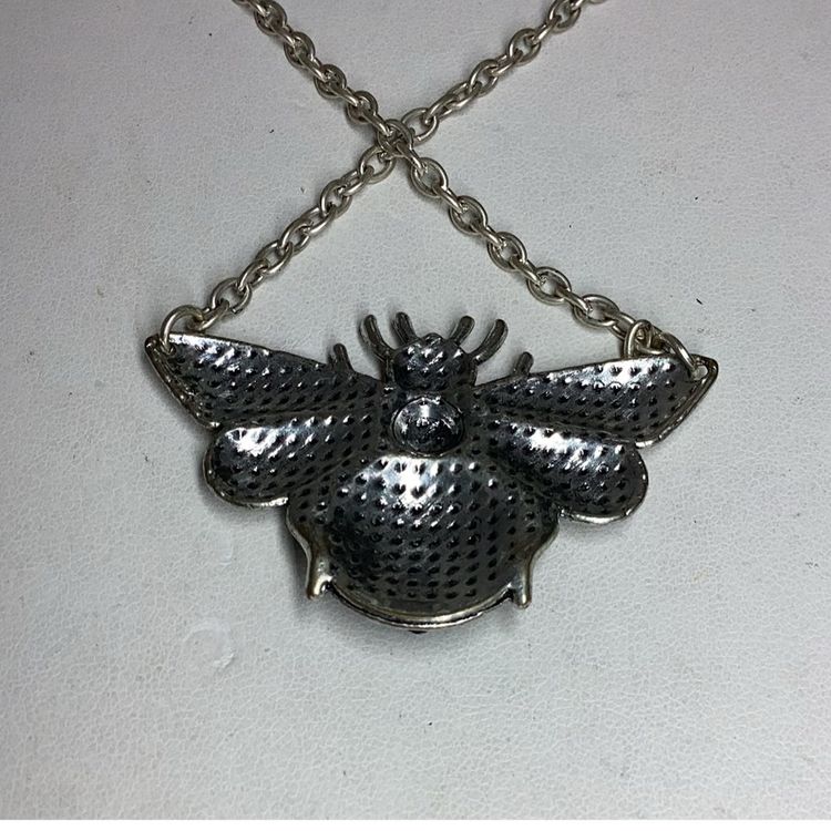 Bee Silvertone With Black Rhinestone Necklace 20”