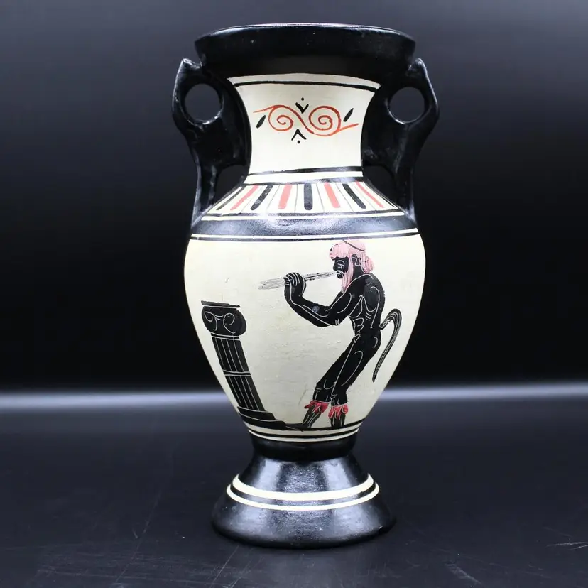 Vintage Greek Design Terra Cotta Pottery Vase Hand Painted Details Side Handles