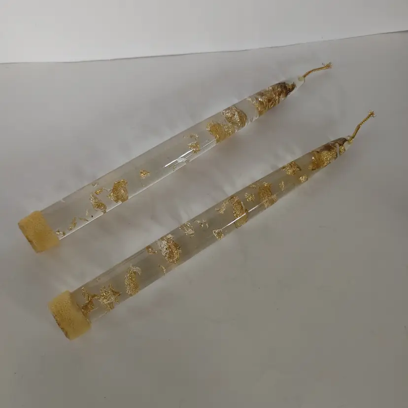 Lucite candles with gold leaf flakes. 1 candle has a crack. See pics. 8 inches high. DO NOT LIGHT.
