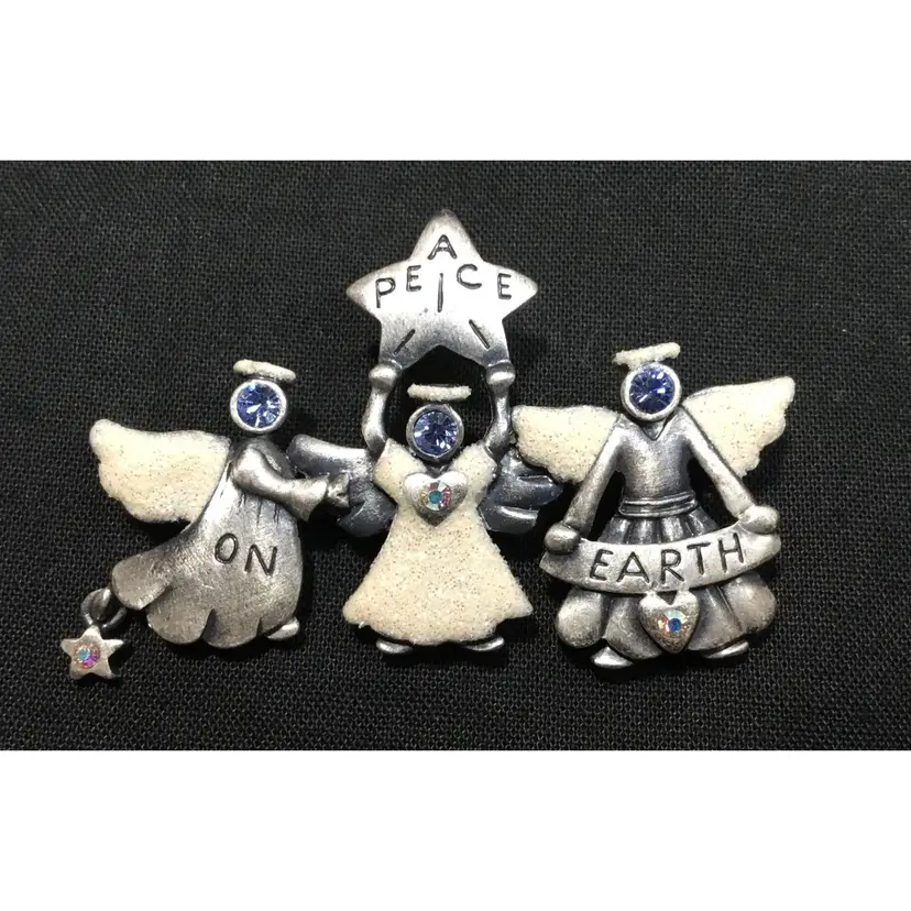 Christmas brooch, Kenneth Cole, 3 sparkly angels, "Peace on Earth"