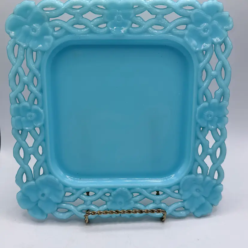 Rare Antique Turquoise Blue Milk Glass Pansy & Chain Square Plate Circa 1895