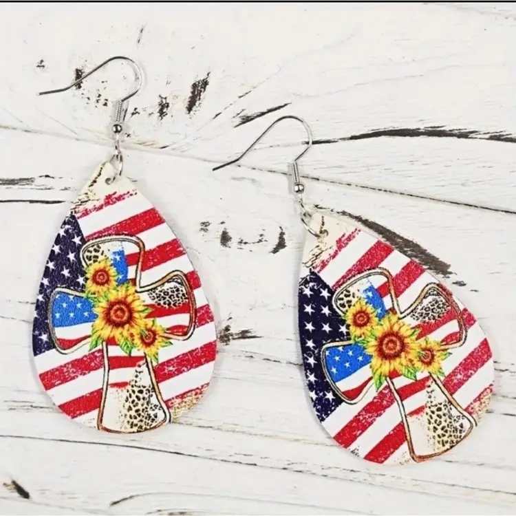 Patriotic Sun Flower Cross Earrings