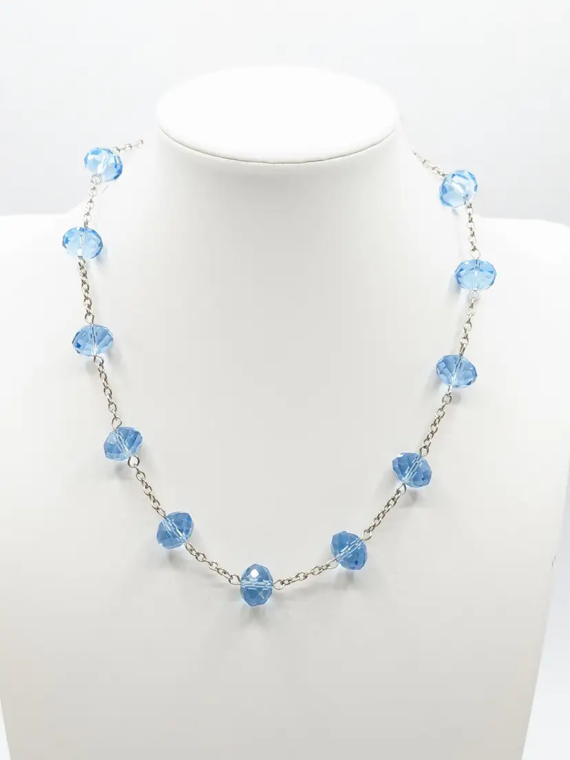 Silver Tone Blue Glass Crystal  Necklace